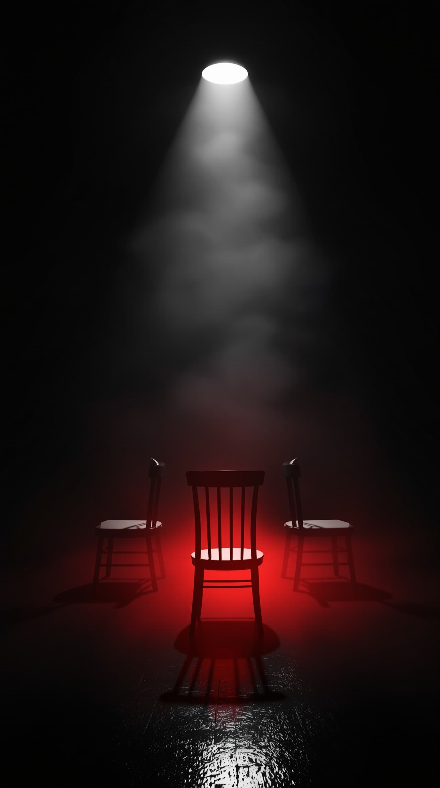 Ghost in the Room, an empty chair lit red under a single spotlight